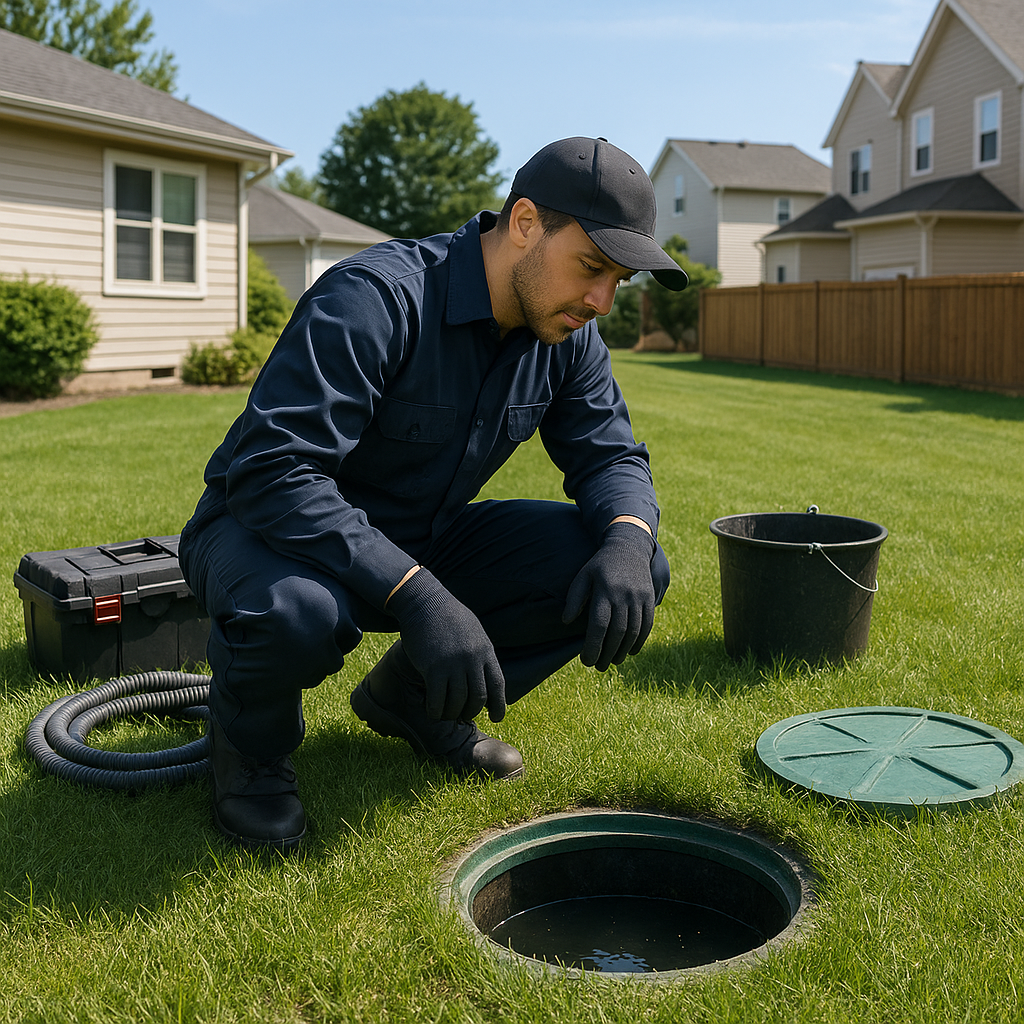 Septic technician inspecting system at a Gastonia home